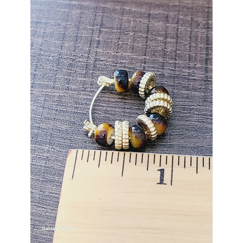 Gold Tone‎ Beaded Hoop Earrings Brown Amber Earth Tone Latch Back 1 Inch